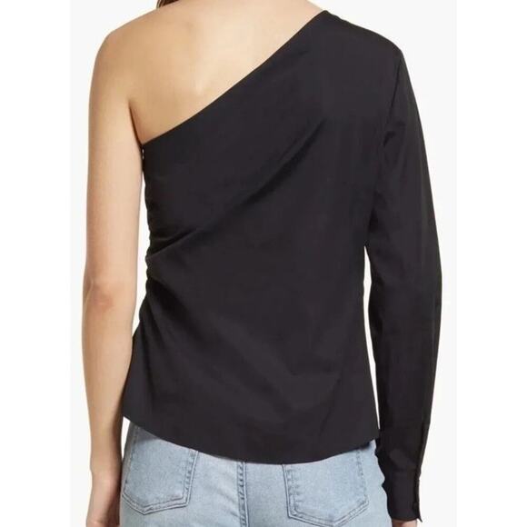 Halogen Poplin One Shoulder Top Long Sleeve Ruched White Shirt Size L Cotton - Picture 9 of 9